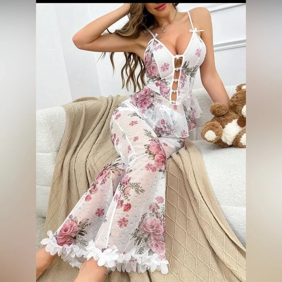 Floral Sheer Lace Trim Jumpsuit - White with Pink Roses - Picture 4 of 6